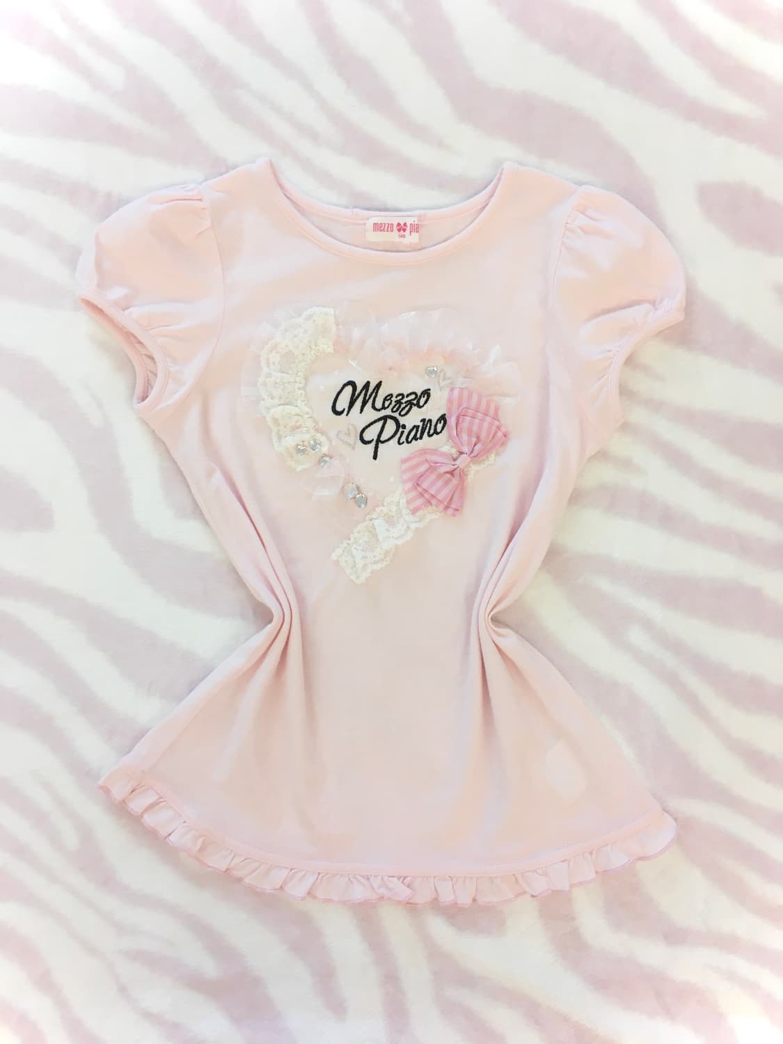메조피아노 베이비핑크 프릴하트 리본 탑 쥬얼 반팔티셔츠 히메갸루 조지후쿠 상품이미지1