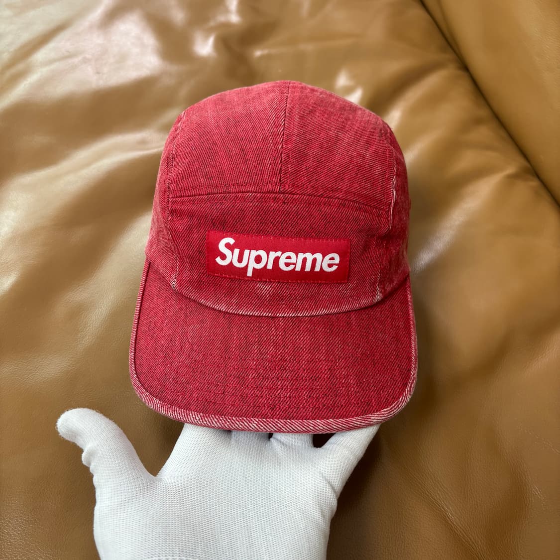 슈프림 캠프캡 모자 박스로고 워시드 데님 레드 상품이미지2