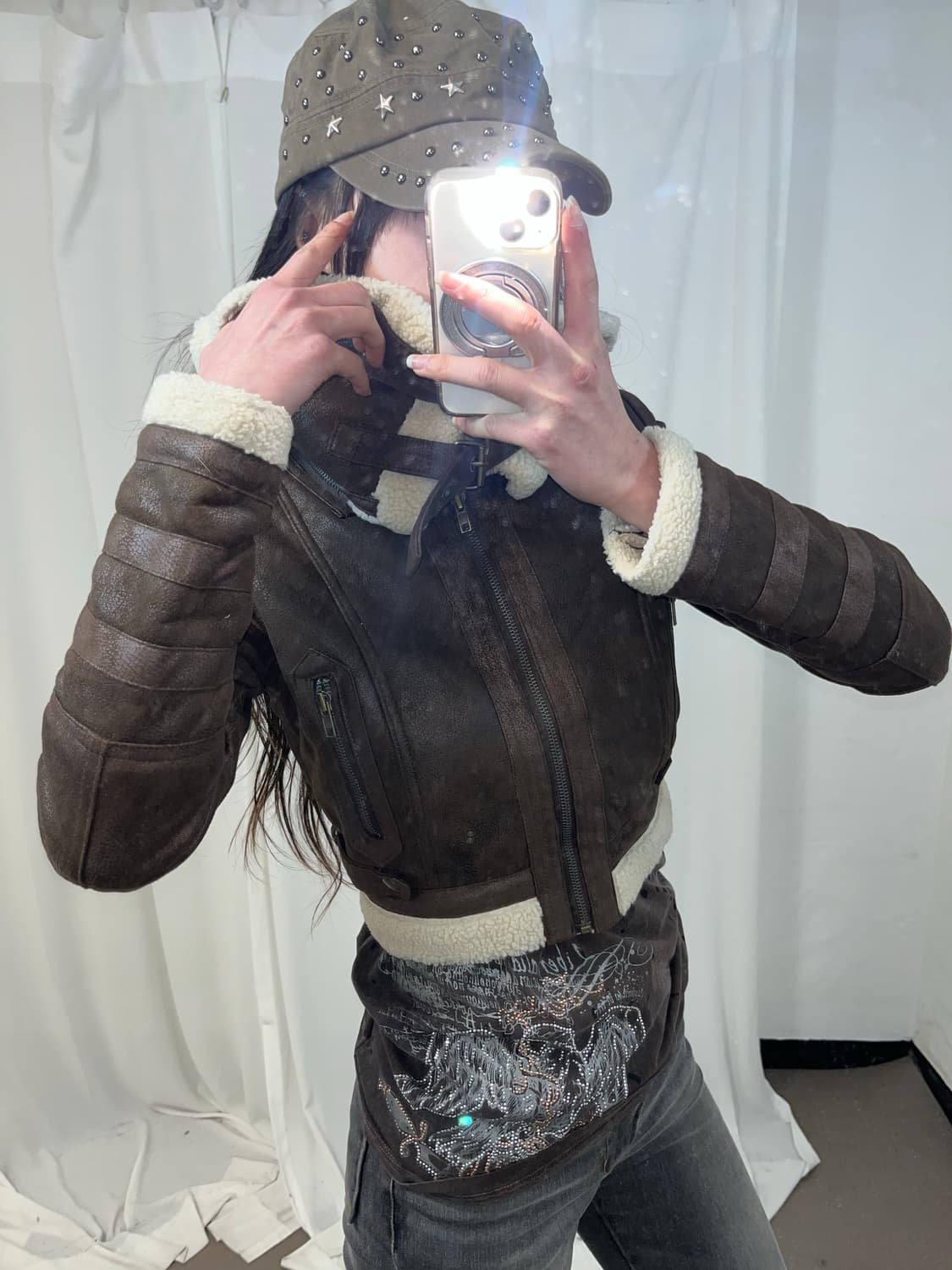 브라운 하이넥 더블카라 크롭 무스탕 상품이미지3