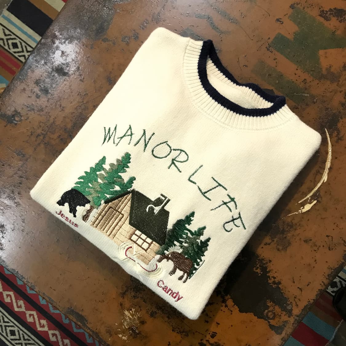 VTG 빈티지 크림 아이보리 자수 포인트 오바핏 스웨터 여성 프리사이즈 상품이미지1