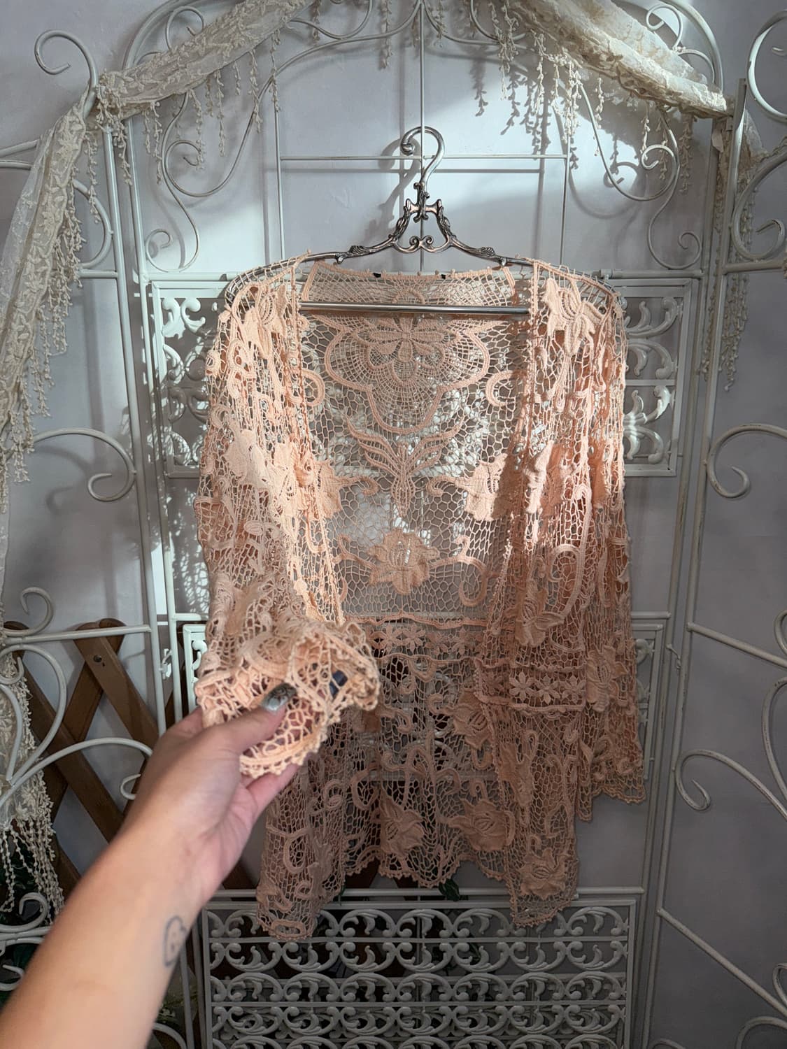 Coral pink oriental crochet loose 가디건 상품이미지2