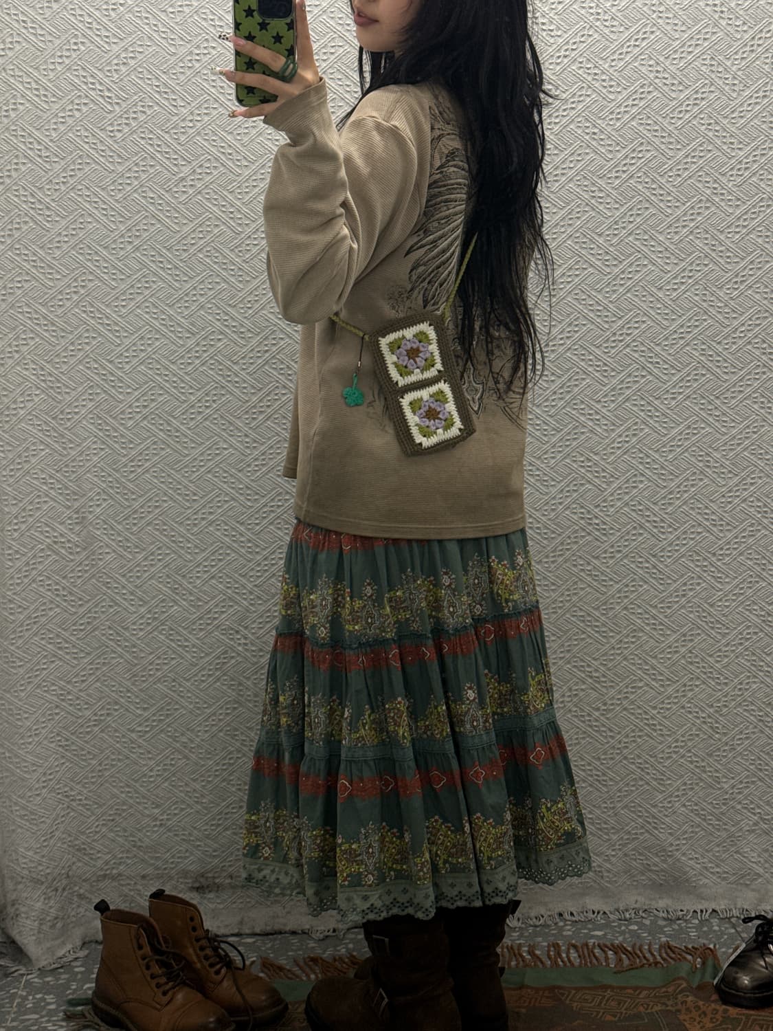 빈티지 코지 모리 플라워 뜨개 클로버 키링 니트 미니 크로스백 K0161 상품이미지2