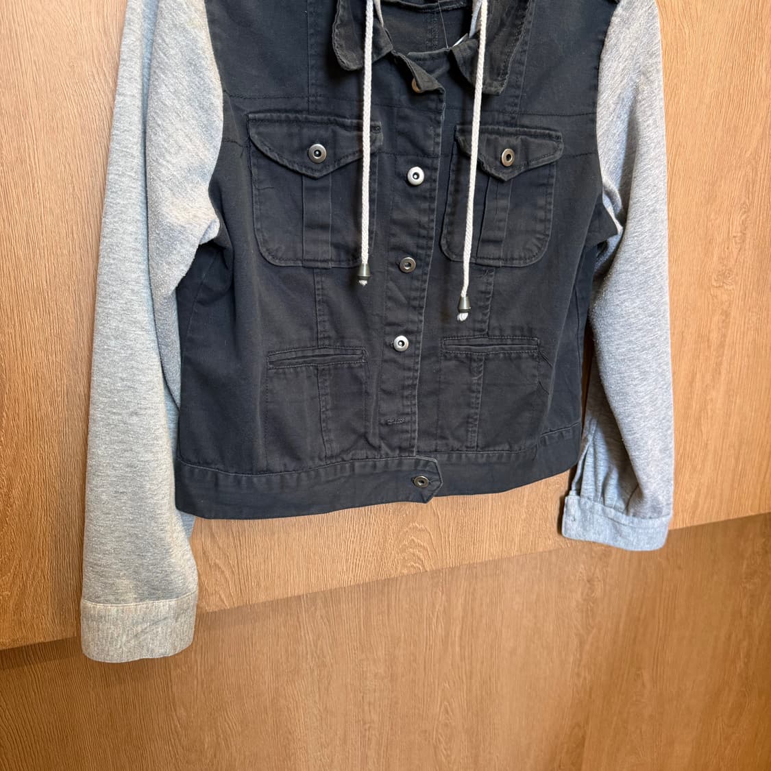 빈티지 코튼 자켓 그레이 스웨트 후드 레이어드 배색 디테일 블랙 상품이미지4