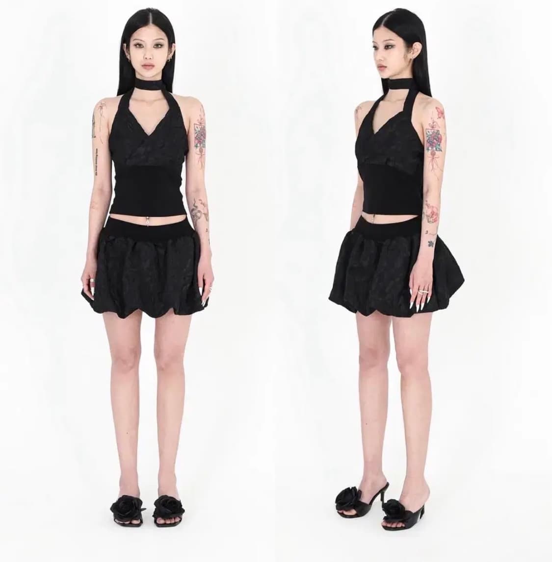 달링유어배드 플라워 홀터넥 탑 벌룬 미니 스커트 세트 상품이미지1