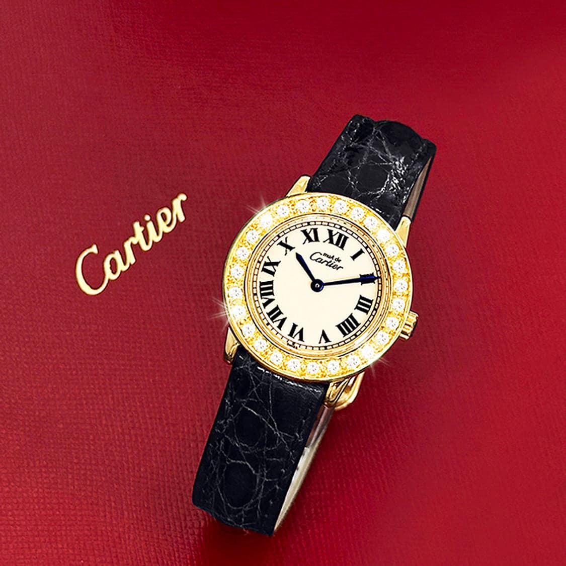 까르띠에 론드 아이보리 다이얼 빅 다이아 여성 악어가죽 시계 상품이미지10