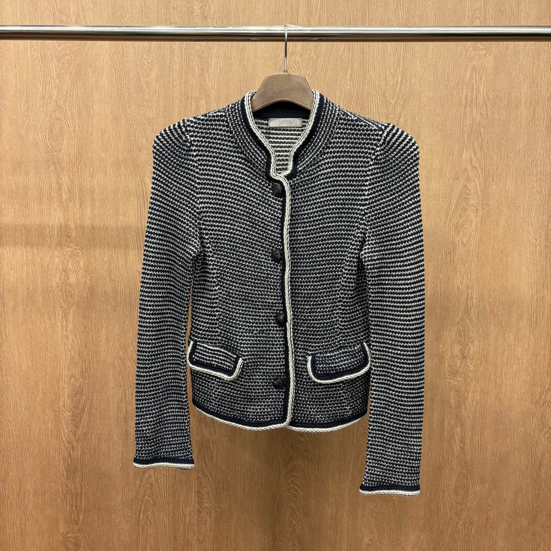 시스템 크롭 트위드 자켓 아이보리 배색 트리밍 요크 라인 디테일 네이비 상품이미지2