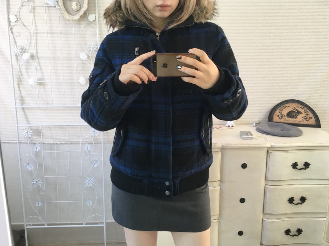 일본빈티지 블루 블랙 체크 후드 패딩 점퍼 상품이미지1