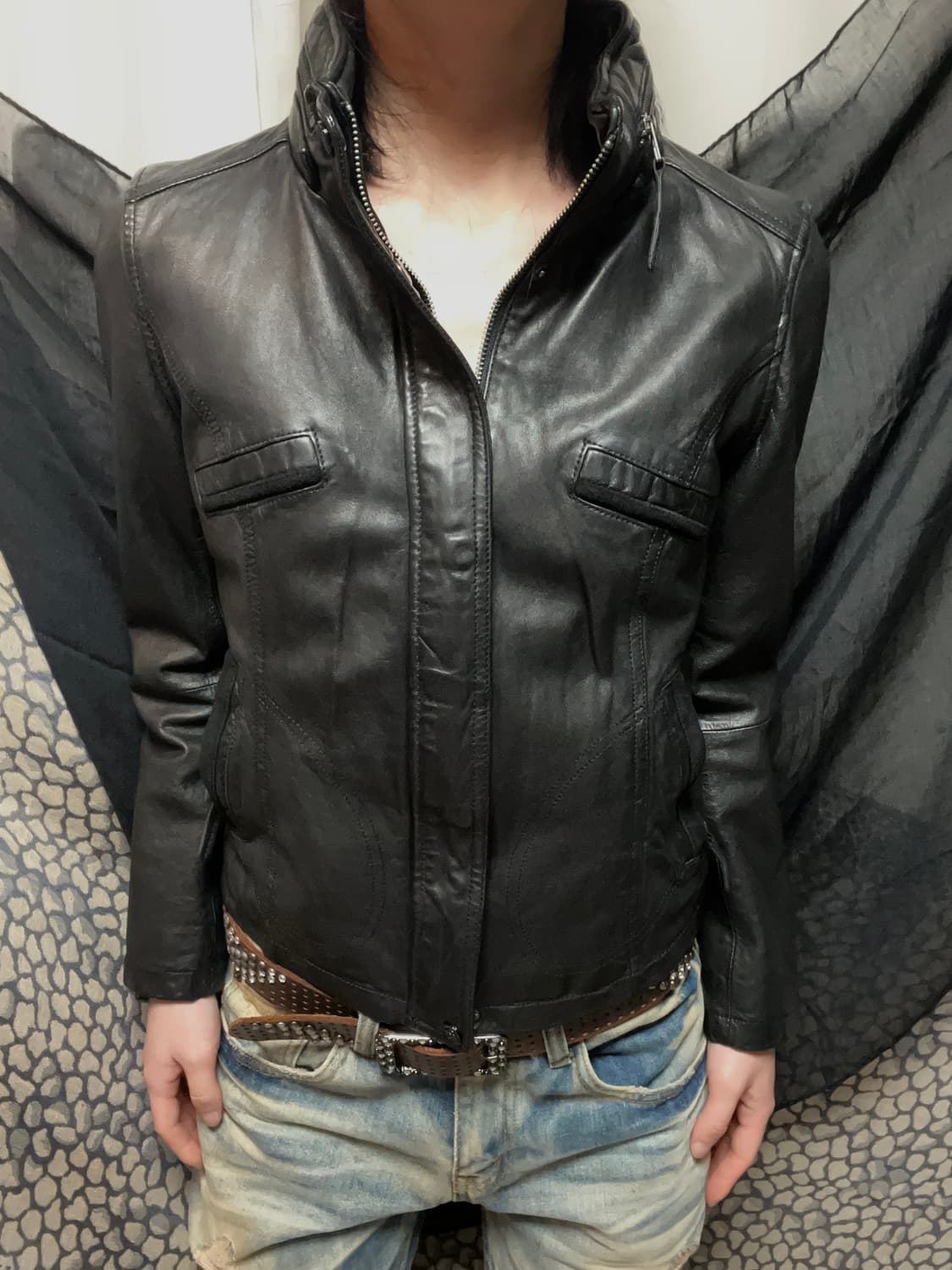 렘 스킨 하이넥 지퍼 블랙 레더자켓 상품이미지4