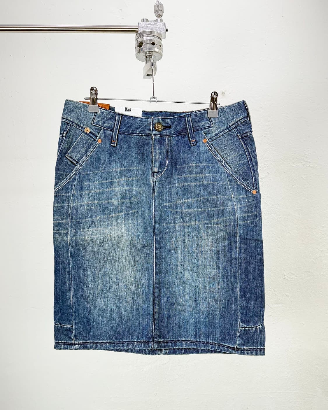 리 라이트 블루 캣워싱 부츠 미디 데님 스커트 상품이미지1