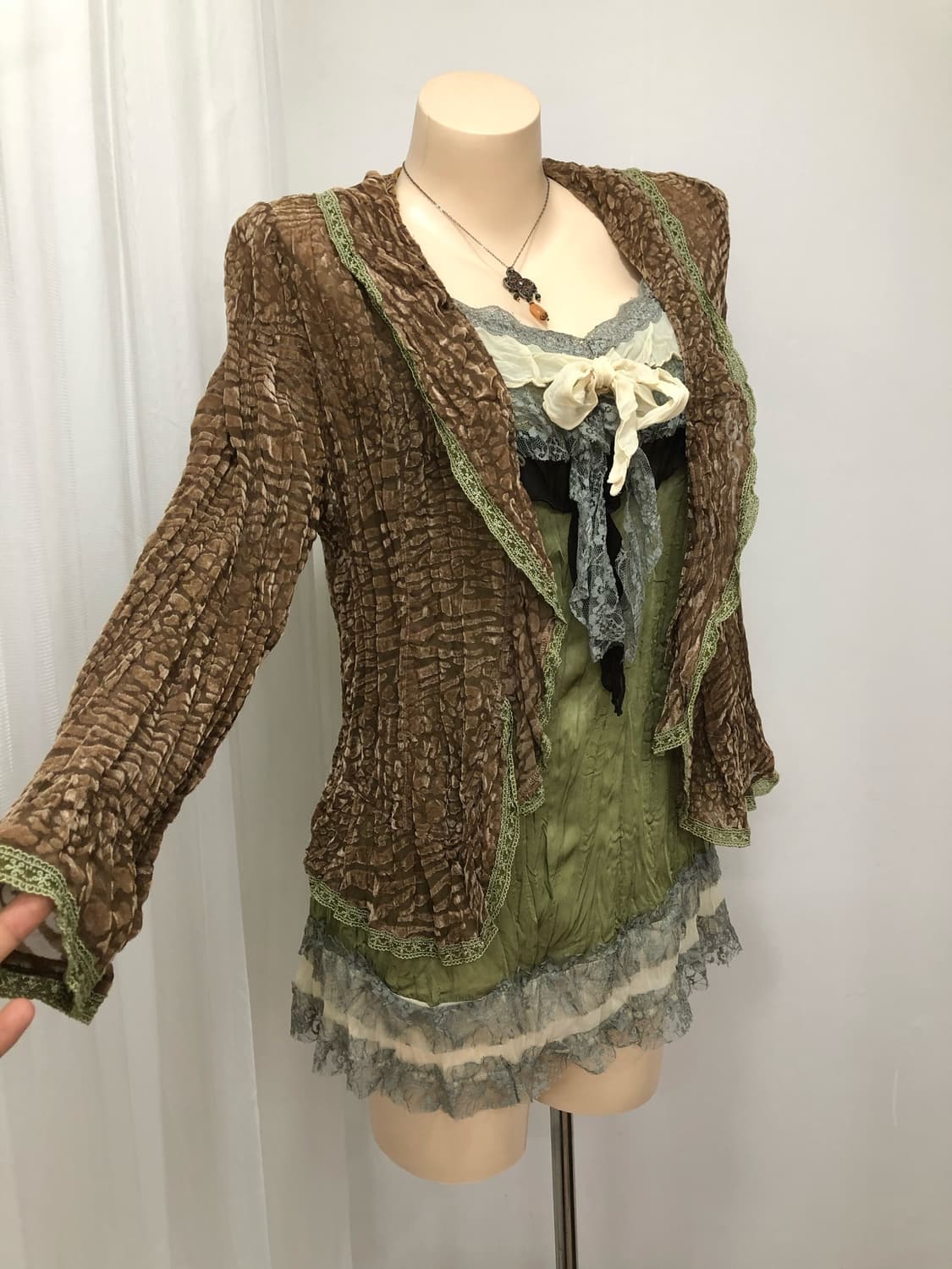 brown lace trimmed mesh cardigan 상품이미지3