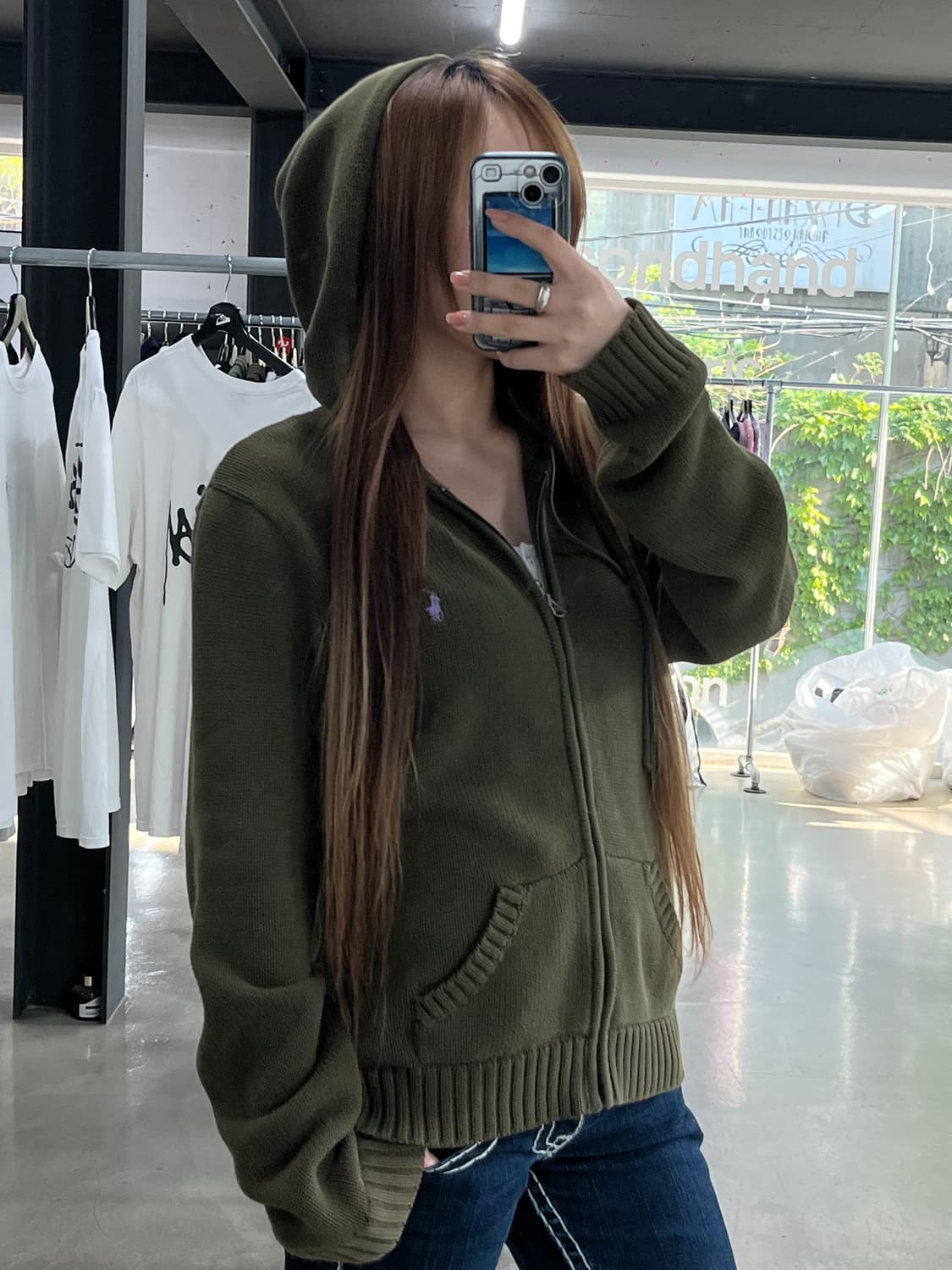 폴로 포니 코튼 루즈 후드니트집업 카키 상품이미지2