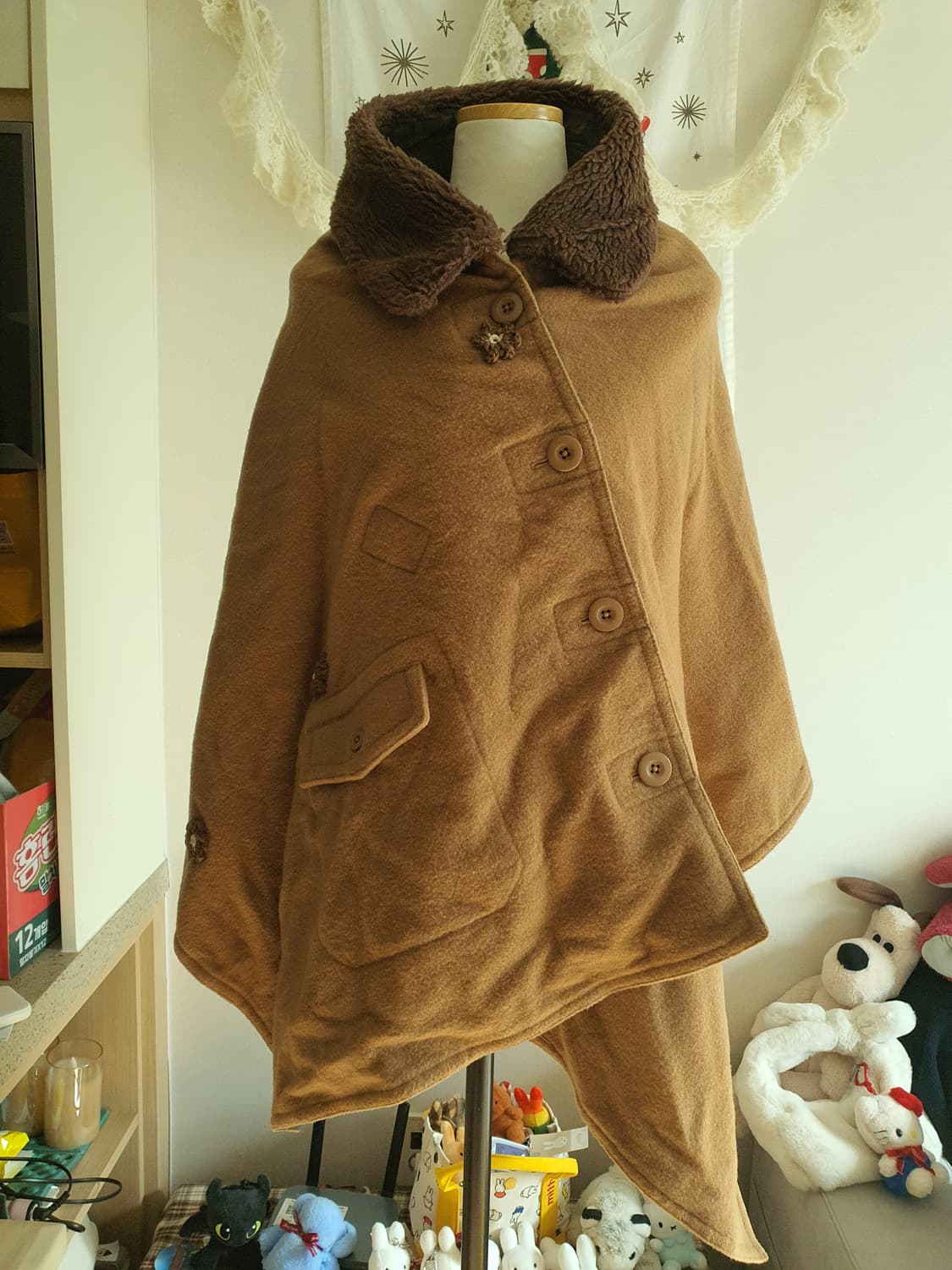 [모리걸] 달천깔 브라운 퍼 카라 망토 케이프 코트 상품이미지1