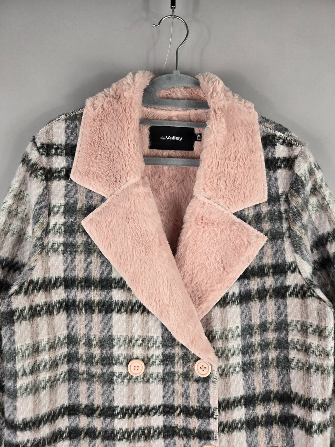 [무료배송]미스밸리걸 F 여성 페이크퍼 안감 체크 더블 롱 코트 핑크 상품이미지2