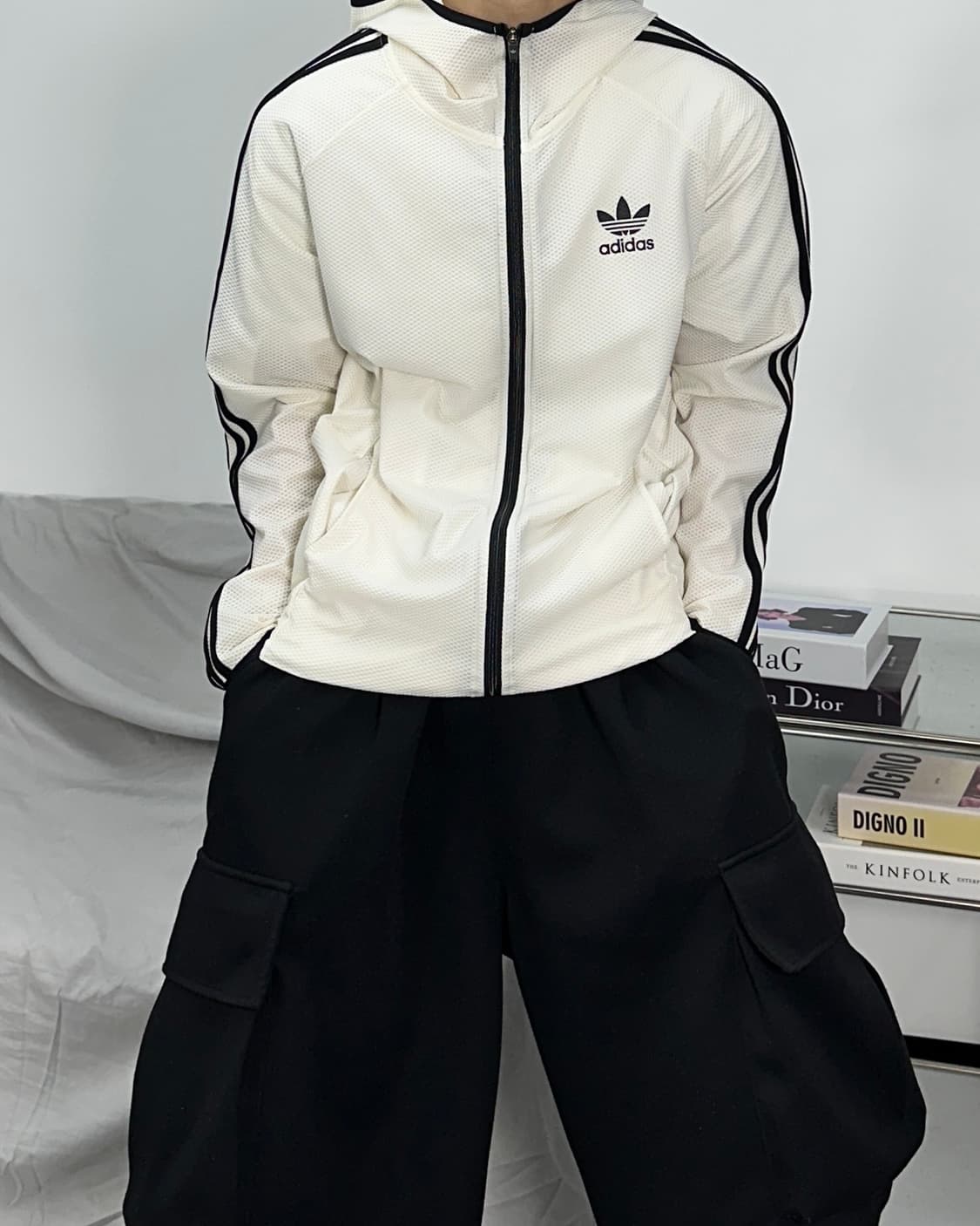아디다스 화이트 매쉬 후드 트랙탑 L 상품이미지1