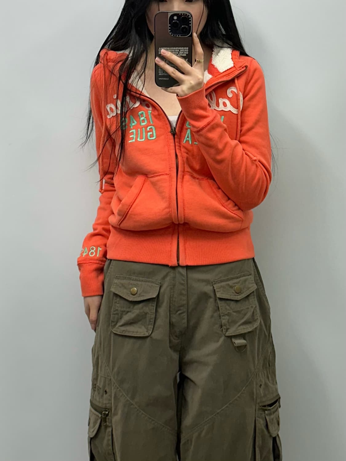 후아유 y2k 와투케 오렌지 양털 후드집업 상품이미지1