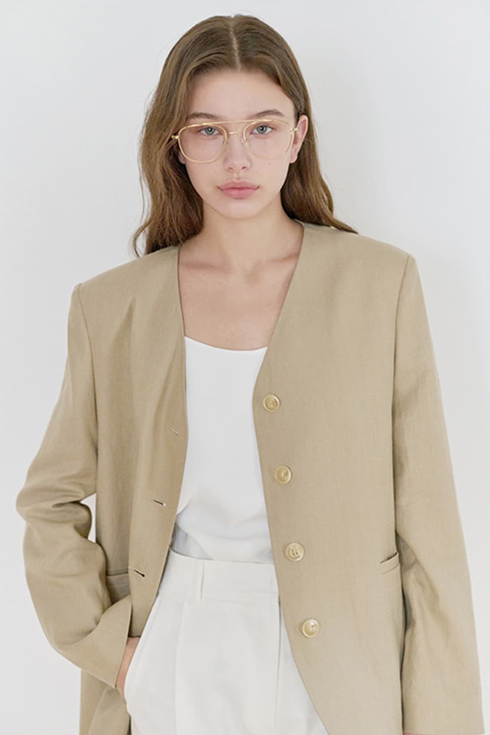 닐바이피 25N 린넨 브이넥 노카라 미니멀 베이지 자켓 34 상품이미지1