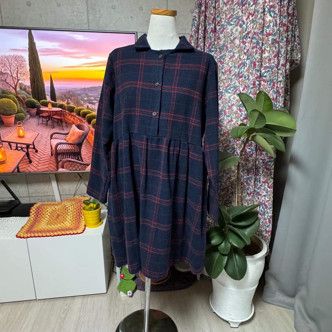 네이비 레드체크 카라 긴팔 모직 원피스 빈티지스타일 상품이미지1