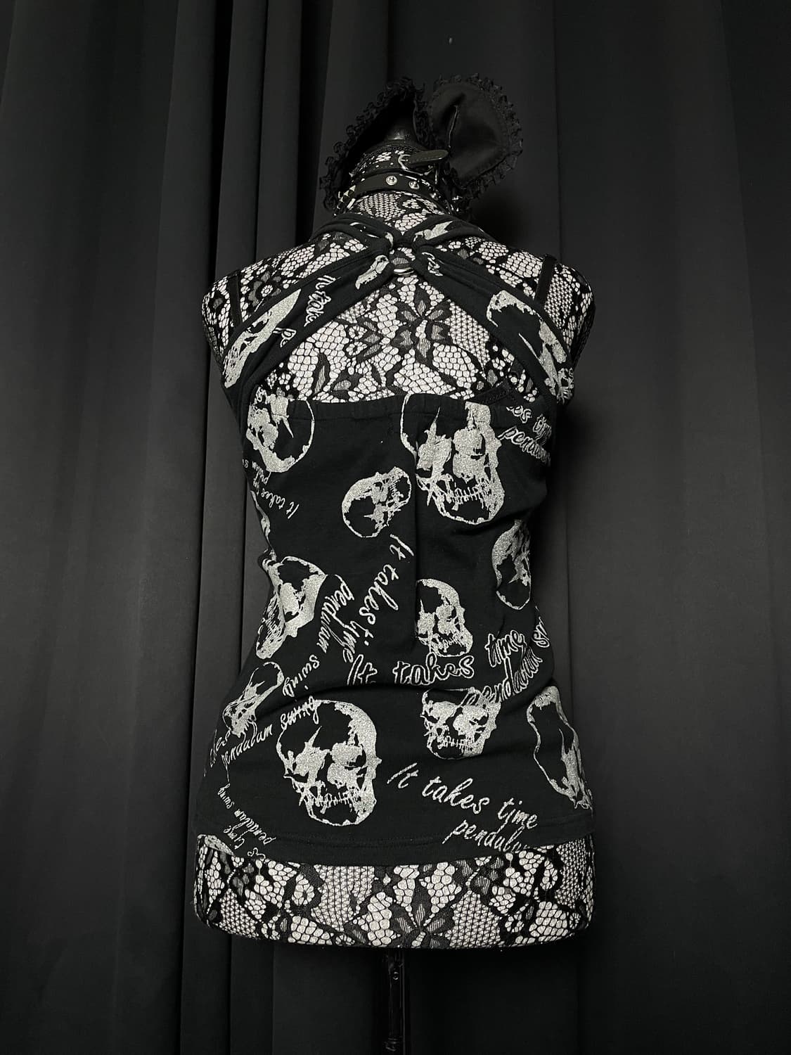 JPN 펑크 스컬 해골 큐빅 프린팅 핫픽스 블랙 슬리브리스 나시 상품이미지4