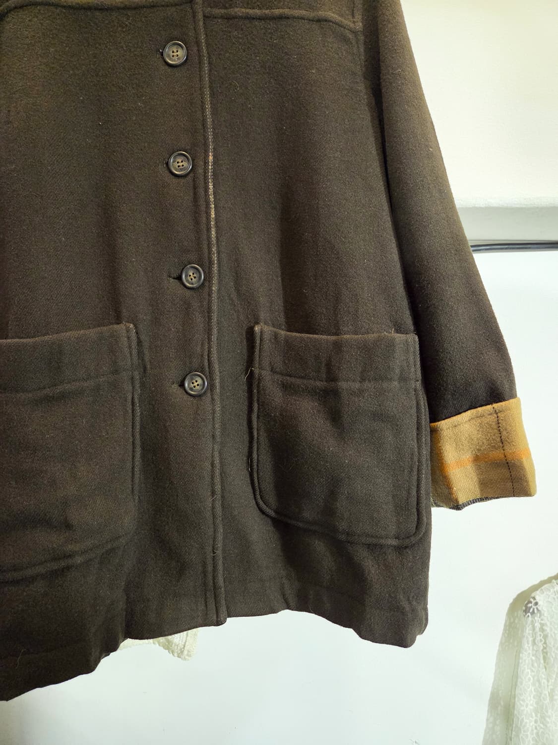 체크 배색 카키 후드 코트 상품이미지3