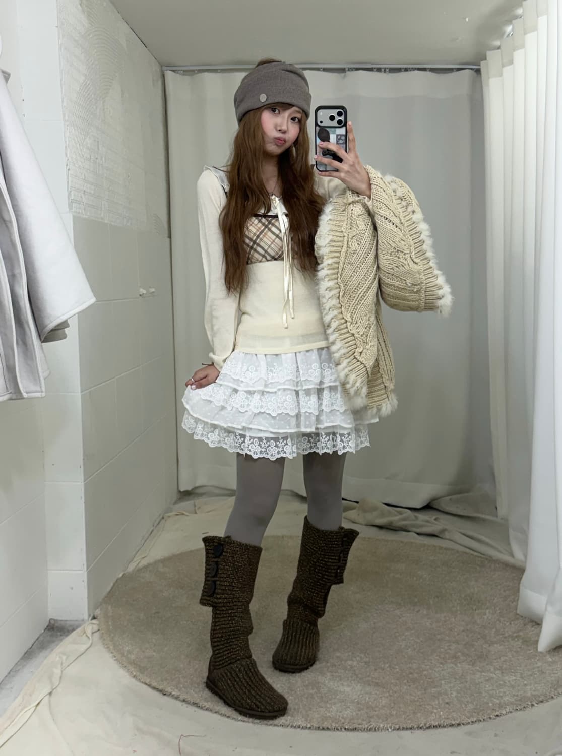 달천깔 사와코 케이프 코트 가디건 아이보리 코디세트 상품이미지3