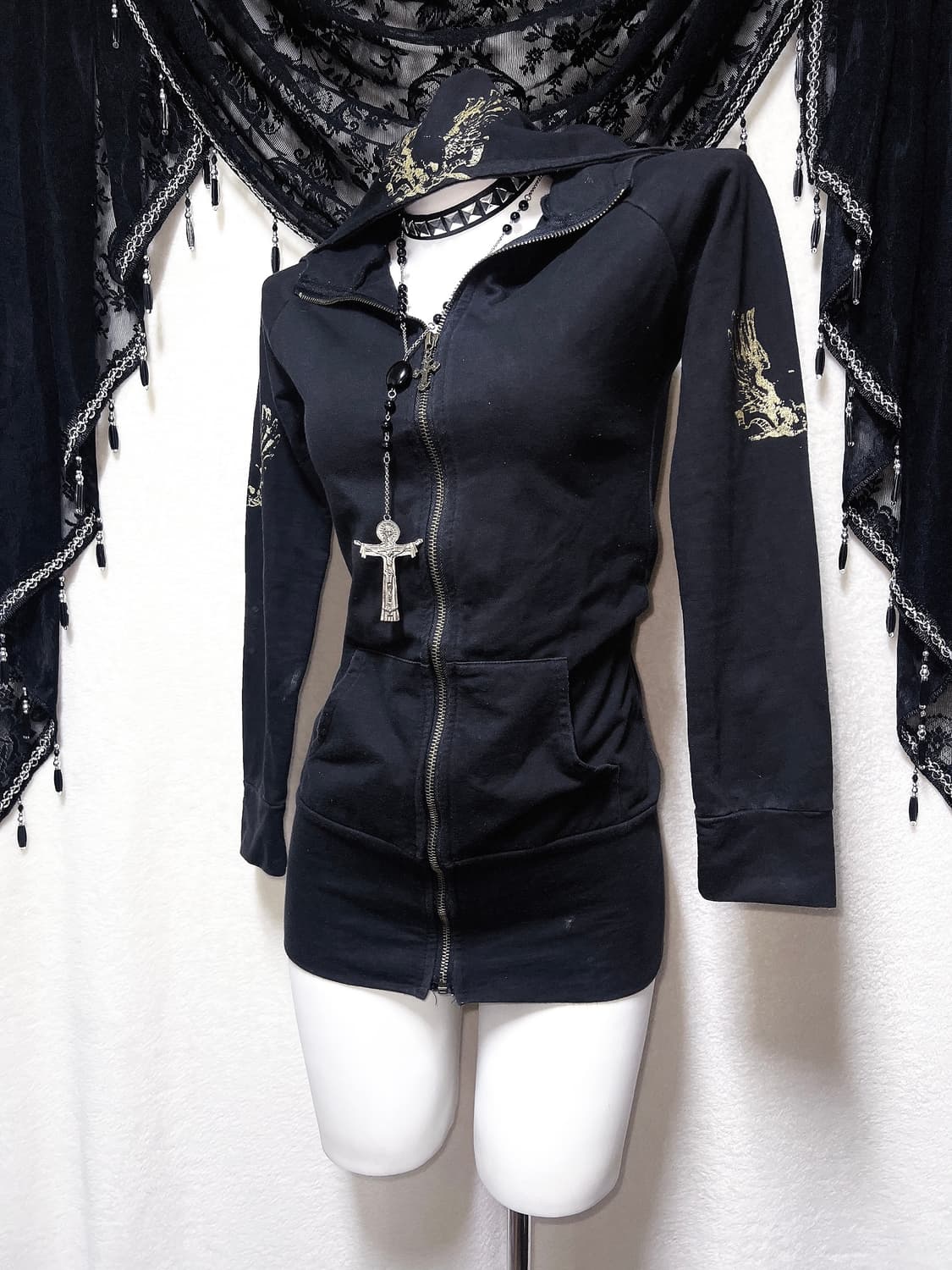 오네갸루 고스펑크 y2k 00 그런지 핀터 날개 윙 프린팅 후드집업원피스 상품이미지7