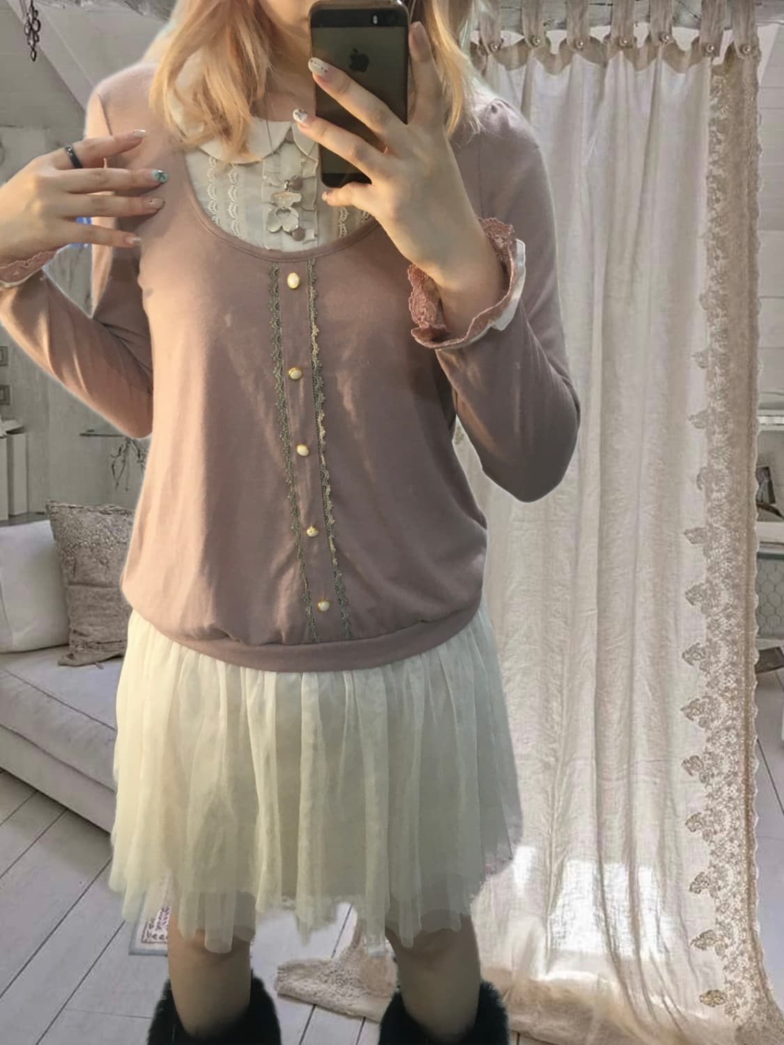 jpn vintage pinkbeige layered frill blou 상품이미지2
