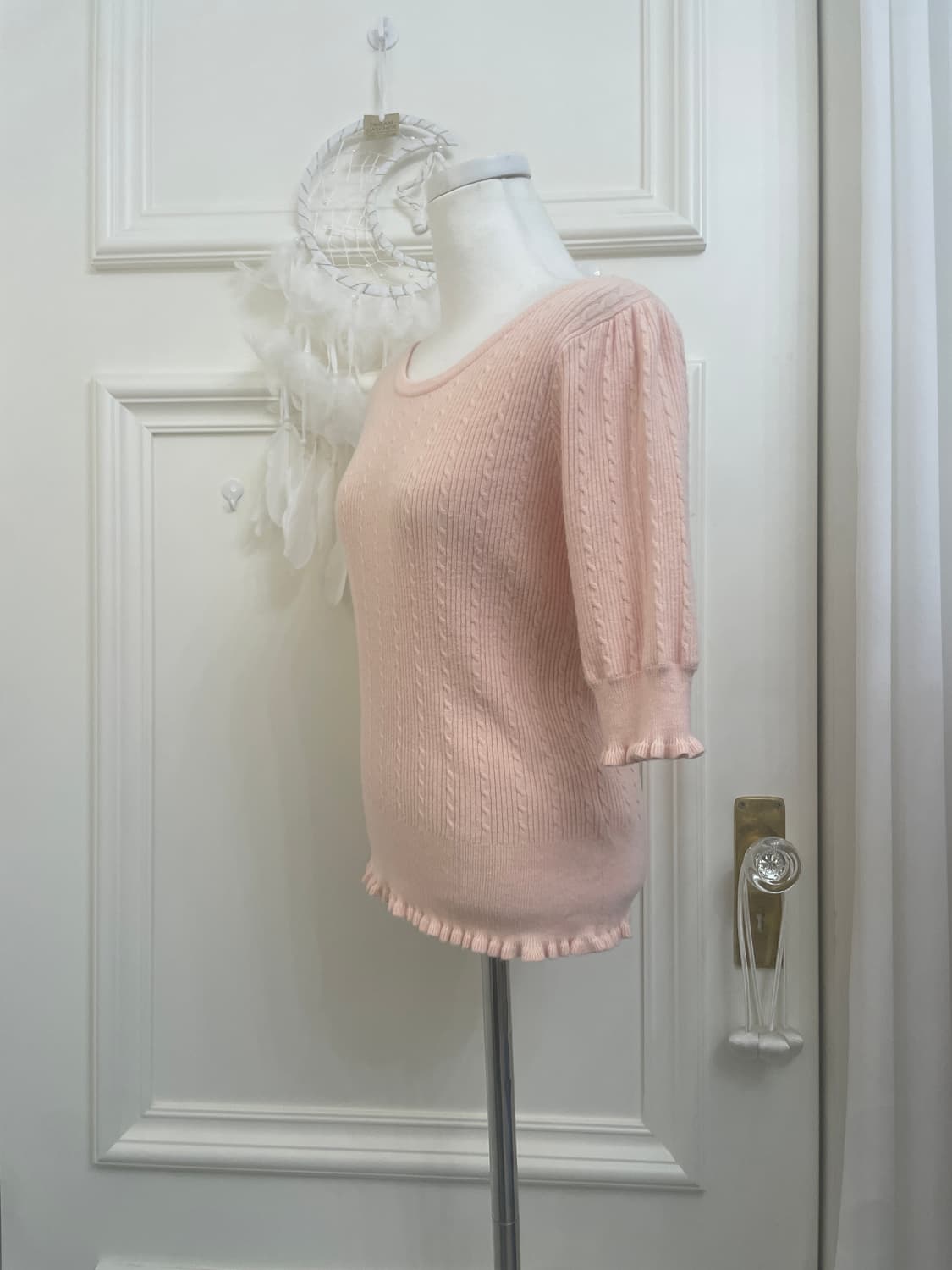 coral pink twist back bow half knit top 상품이미지2
