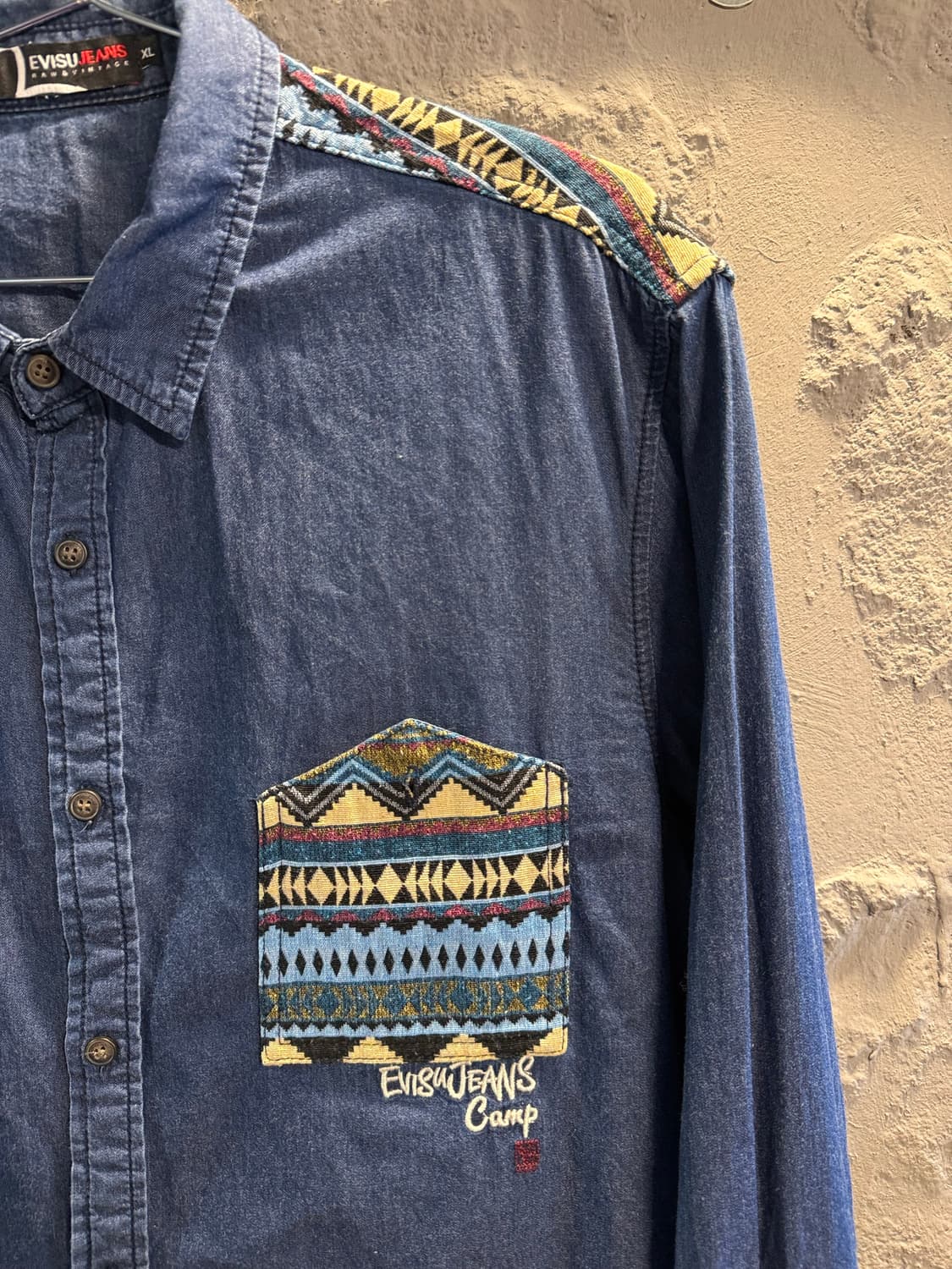 에비수 EVISU 에스닉 패치워크 데님 셔츠 인디고 XL 상품이미지3