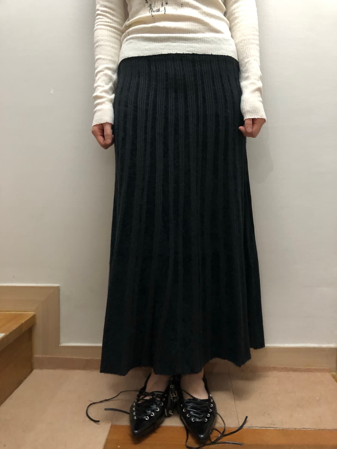 빈티지 블랙 스트라이프 롱 니트 스커트 상품이미지6