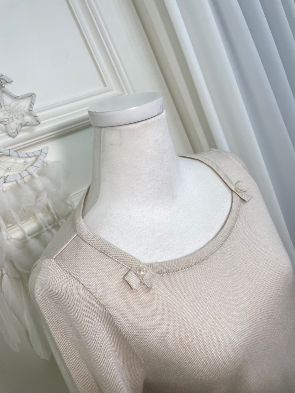 pink ivory bow crochet point knit top 상품이미지8