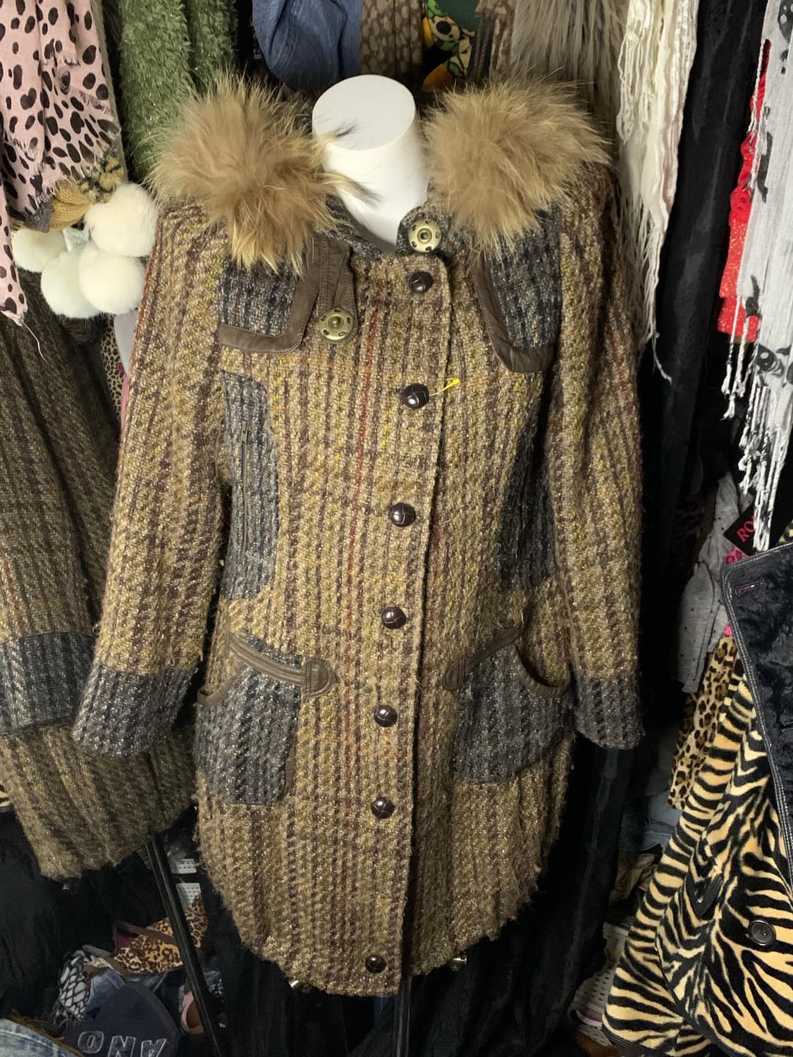 y2k 브라운 퍼 체크 롱코트 상품이미지1