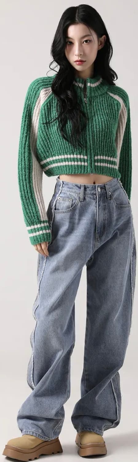 어반드레스(AVANDRESS)블록 래글런 니트 지퍼업 그린 상품이미지2