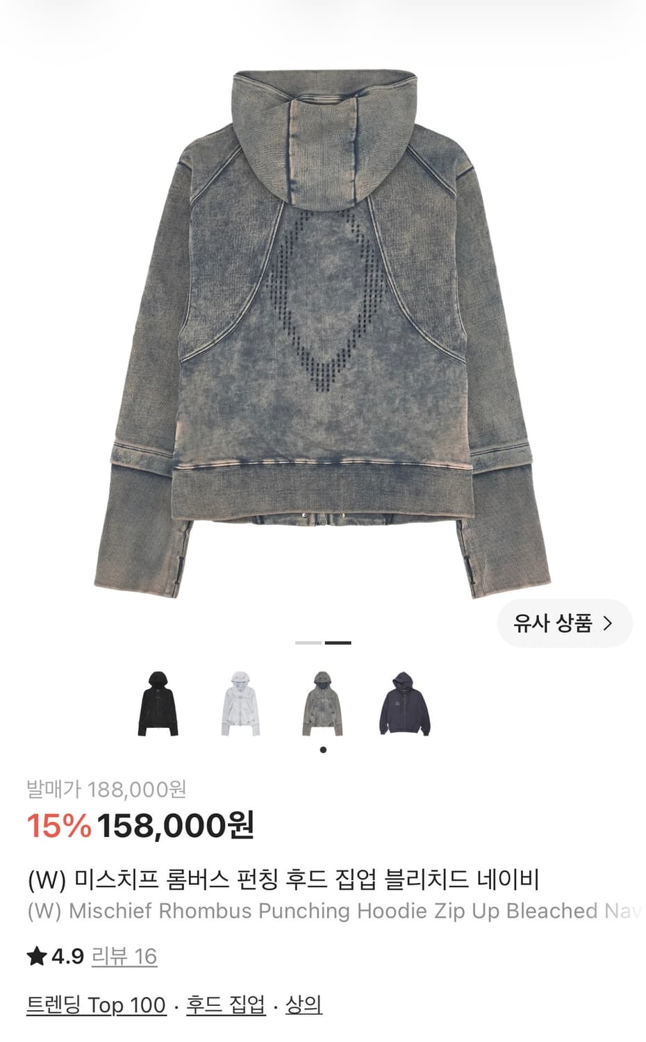 미스치프 롬버스 펀칭 후드 집업 블리치드 네이비 상품이미지2