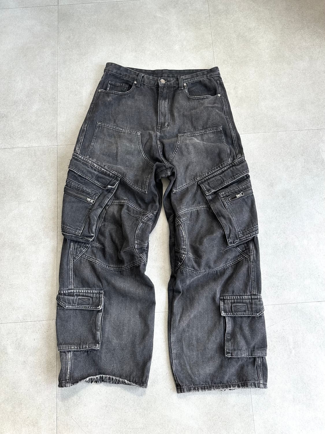 JPN VTG 블랙 데님 집업 오버와이드 카고 팬츠 상품이미지1