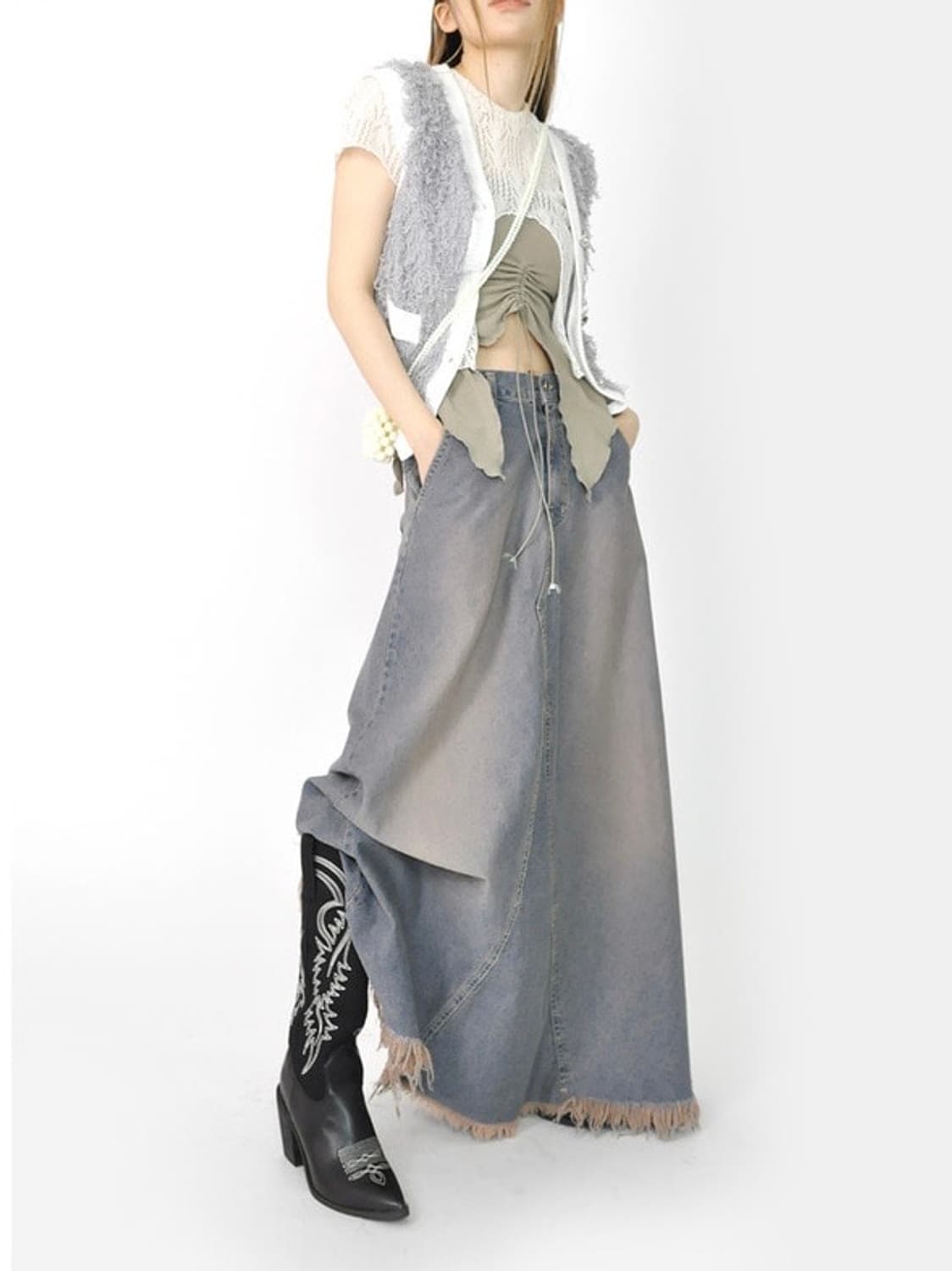 프라이빗룩북 그런지 데님 롱스커트 상품이미지1