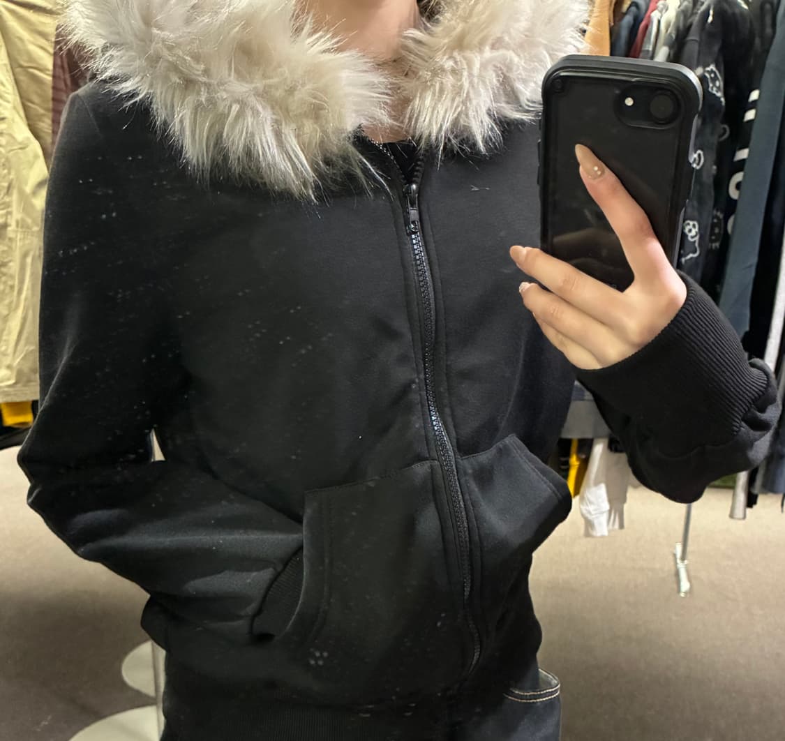 S)빈티지 블랙 퍼 후드집업 상품이미지1