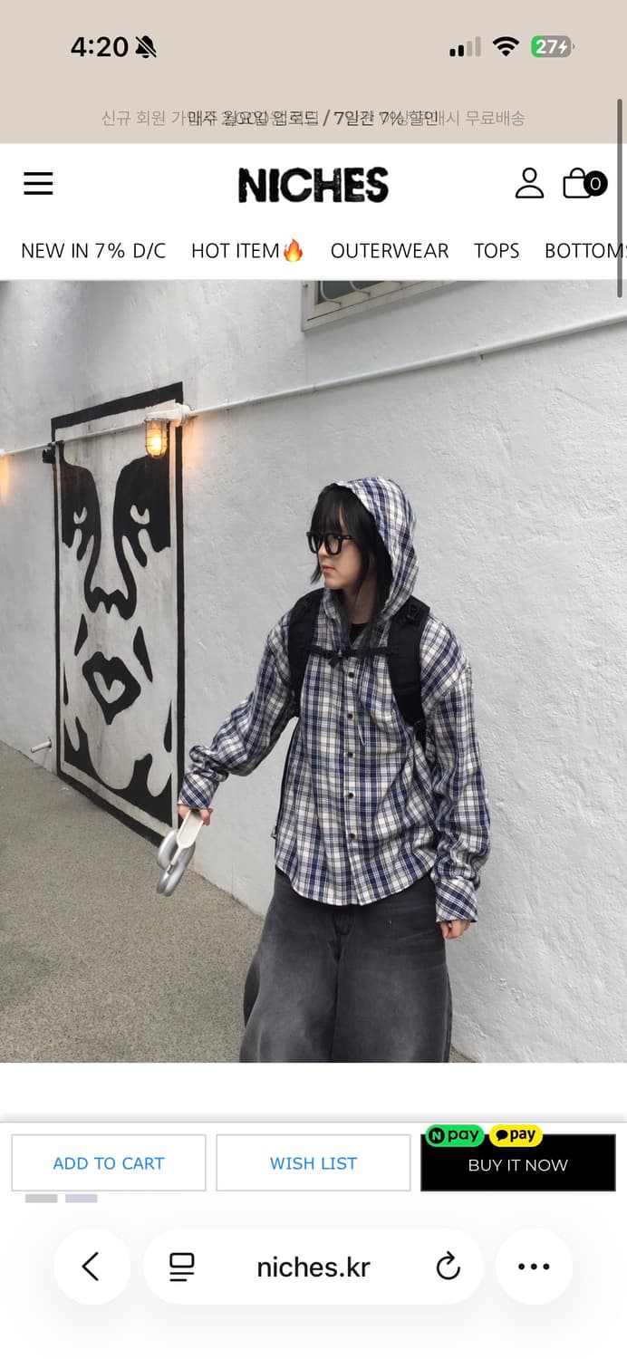 니치스 체크 후드 셔츠 새상품 상품이미지1