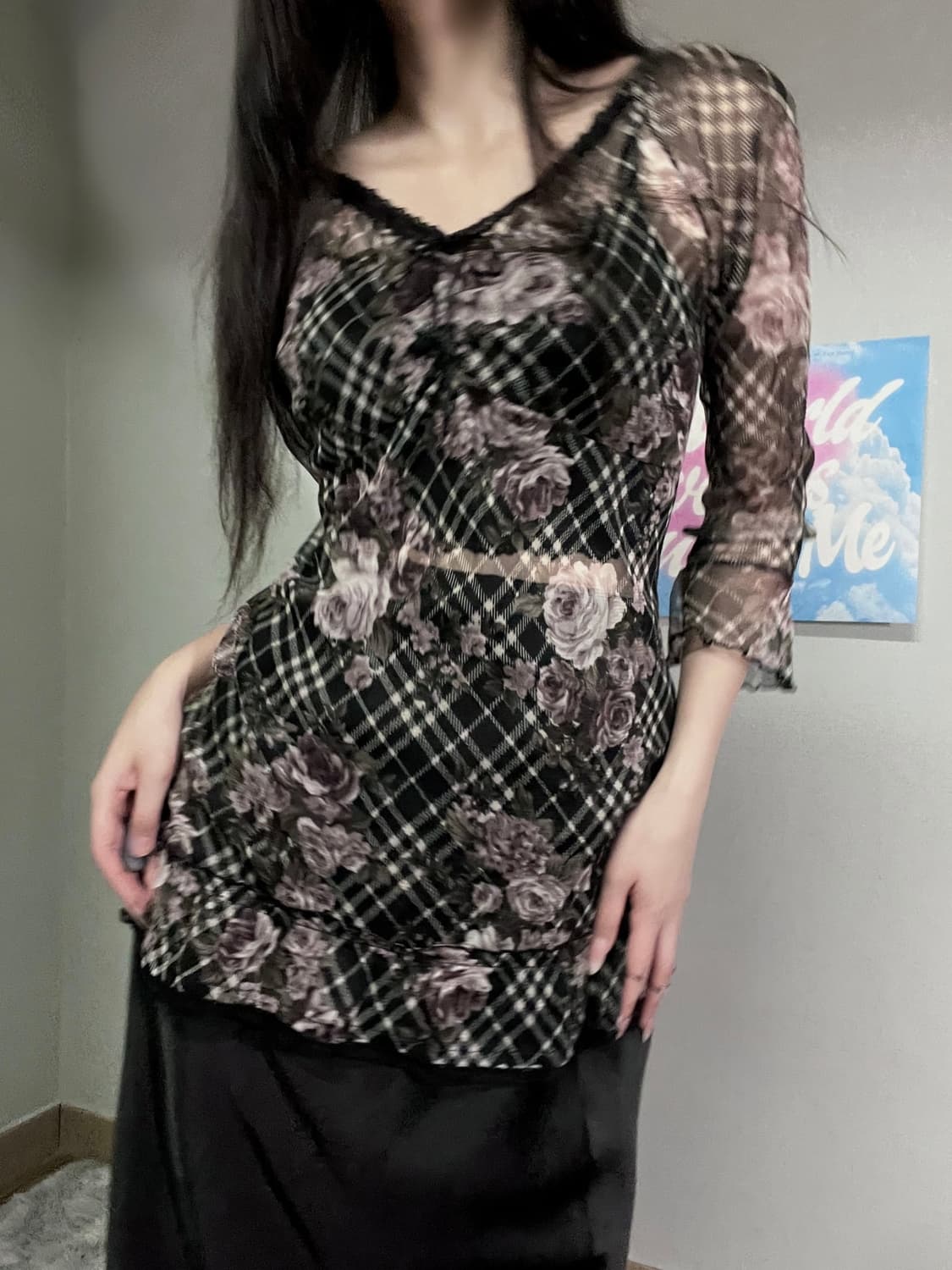 블랙 엔틱 고딕 로즈 장미 프릴 레이스 셔링 쉬폰 레이어드 블라우스 상품이미지1
