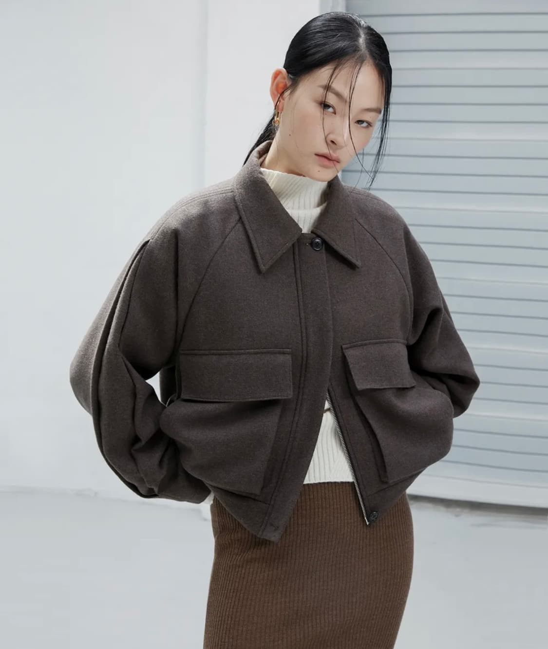 인사일런스 퍼프 슬리브 울 블렌드 블루종 S cocoa brown 상품이미지1