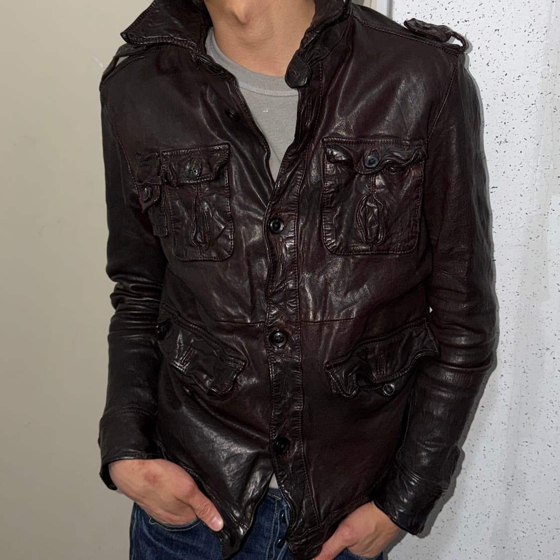 크링클 하이넥 레더 필드 자켓 상품이미지2