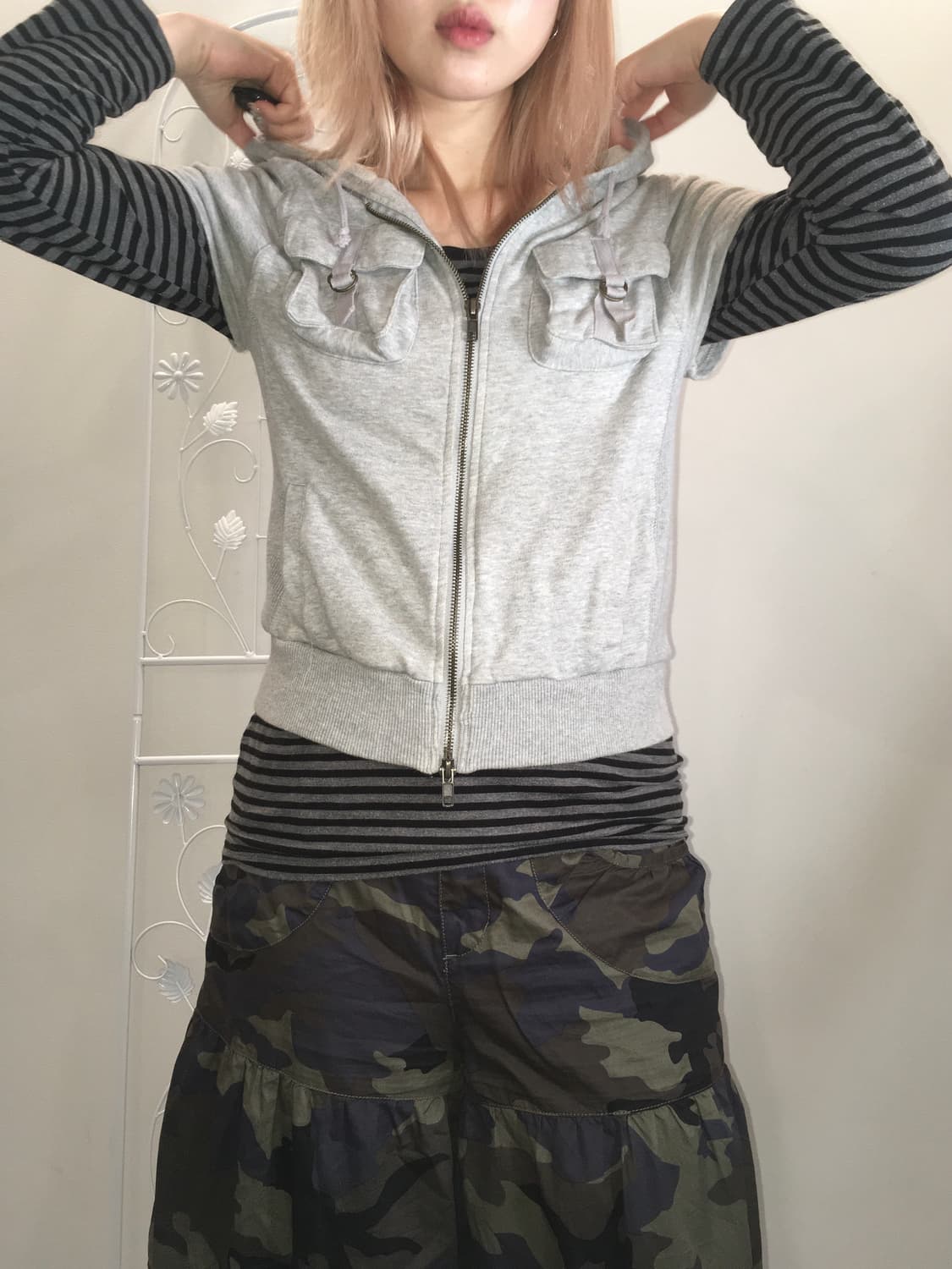 Set) y2k grey cargo hood zipup+ stripe t 상품이미지2