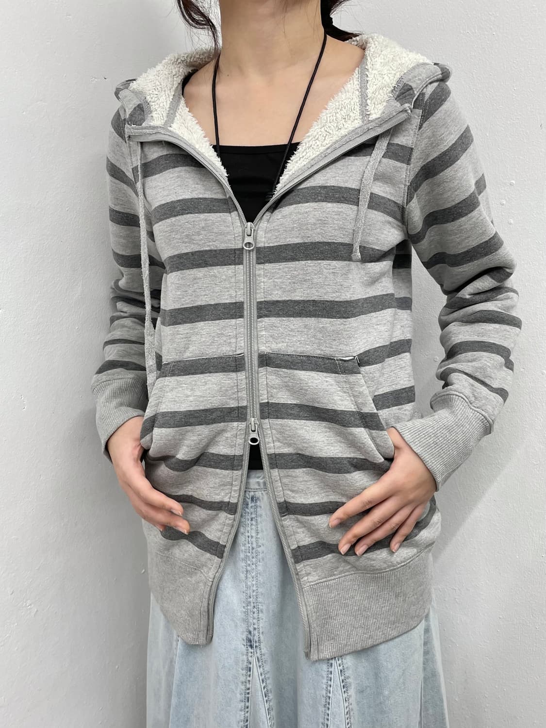 너드 스트라이프 투웨이 퍼 후드집업 상품이미지1