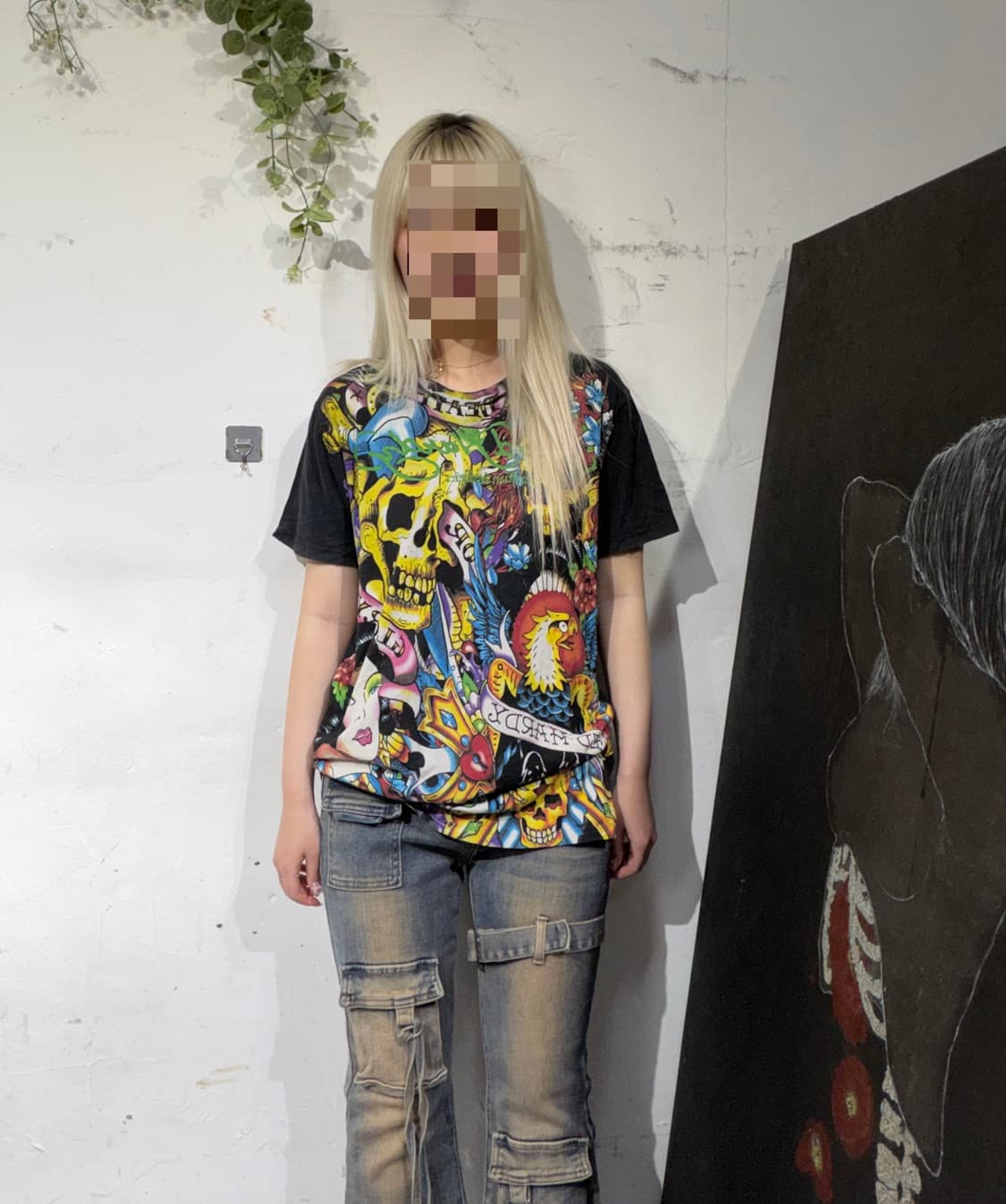00s 에드하디 아카이브 y2k 해골 프린팅 펑크 반팔 티셔츠 S 상품이미지1