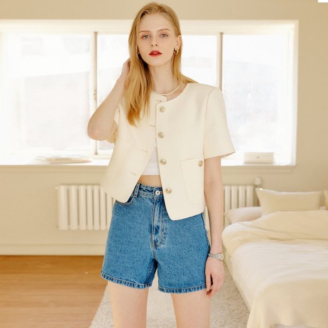 M) 룩캐스트 다나 반팔 트위드 자켓 아이보리 상품이미지8