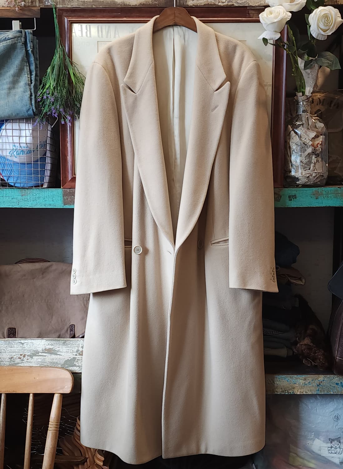 90s 조르지오 아르마니 울코트 피크드 라펠 버진울 더블코트 크림색 52 상품이미지2