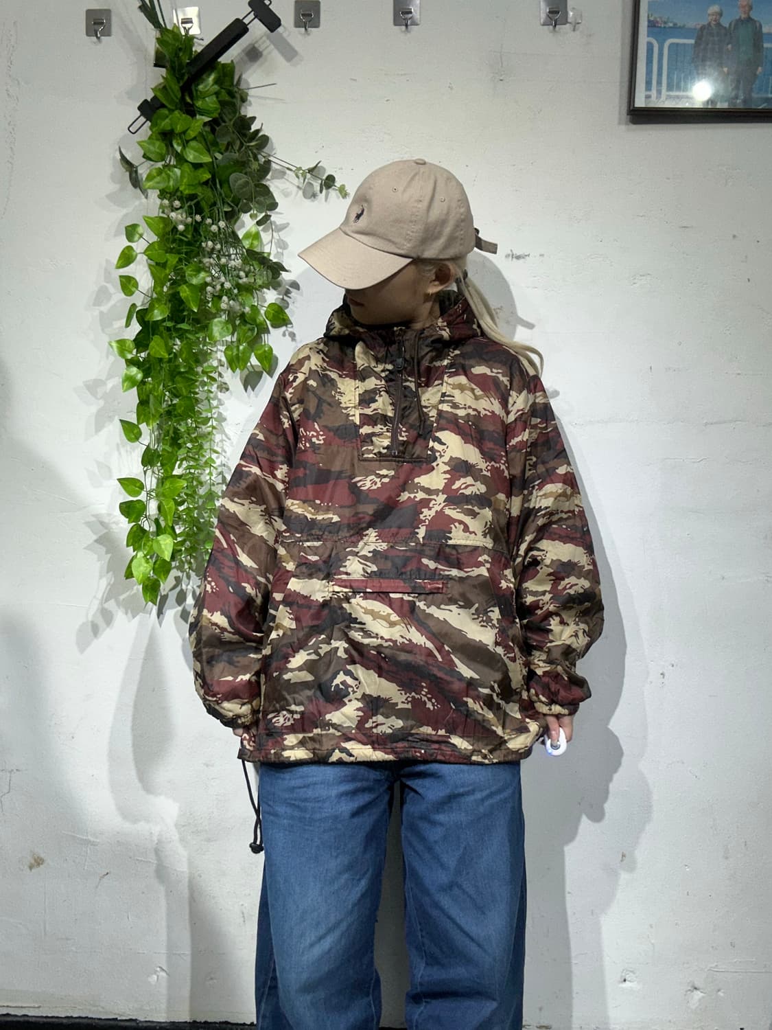 일본 빈티지 밀리터리 카모 후드 아노락 바람막이 자켓 L 상품이미지2