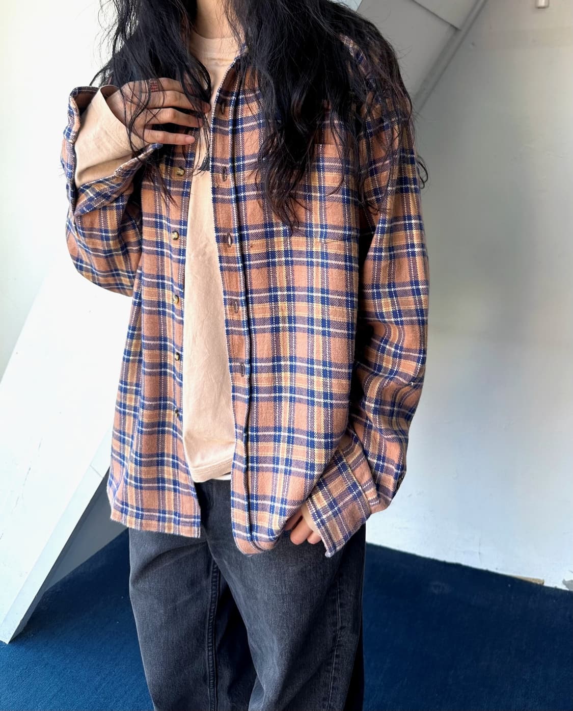 Cotton woven nel check wide shirt 상품이미지8
