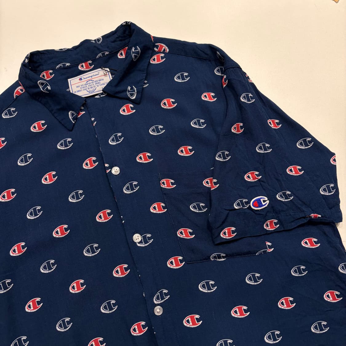 [L] 챔피온 로고 패턴 반팔 셔츠 네이비 C192 상품이미지3