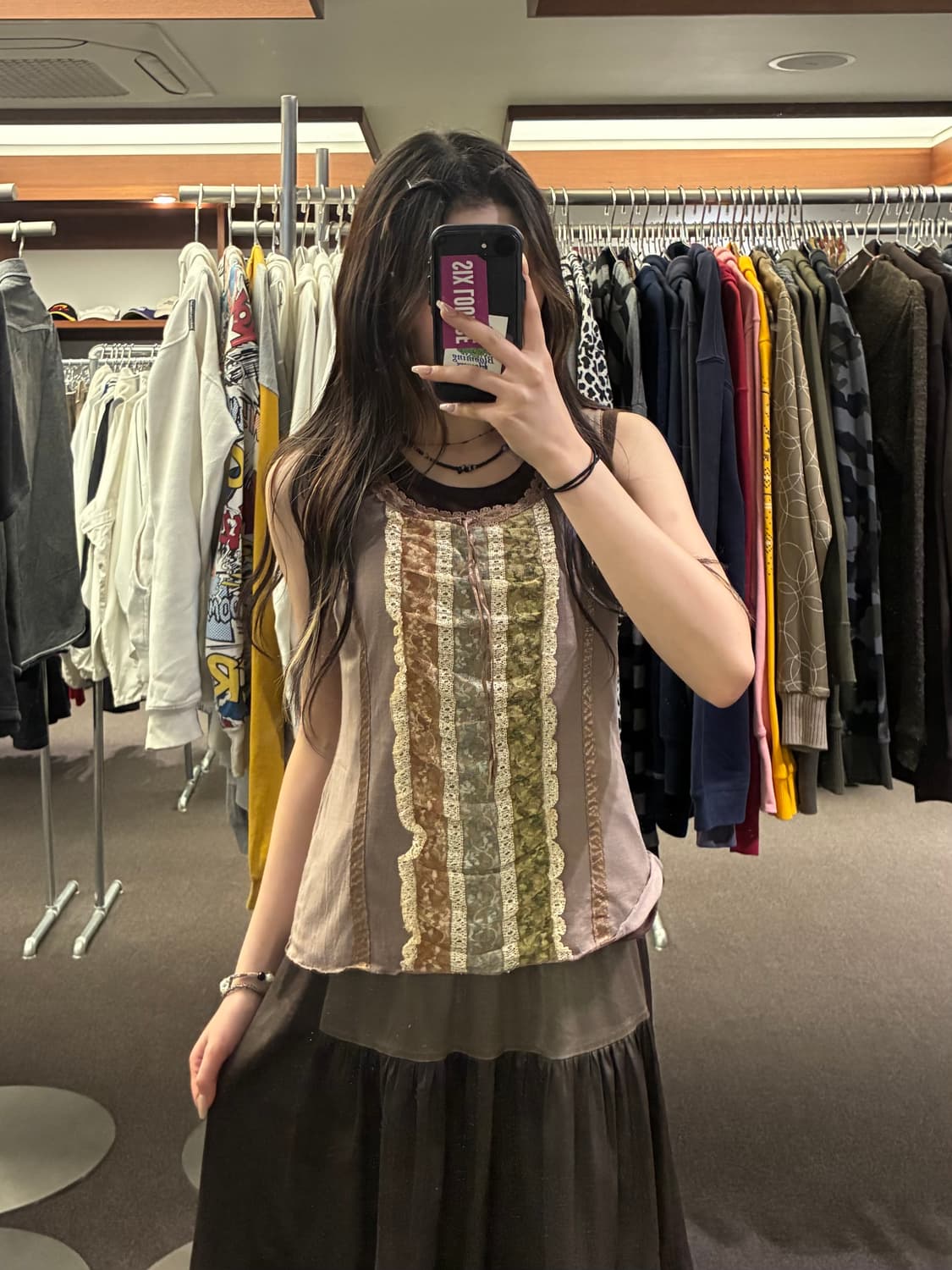 M)Japanese vintage 여성 레이스 디테일 브라운 나시 상품이미지1