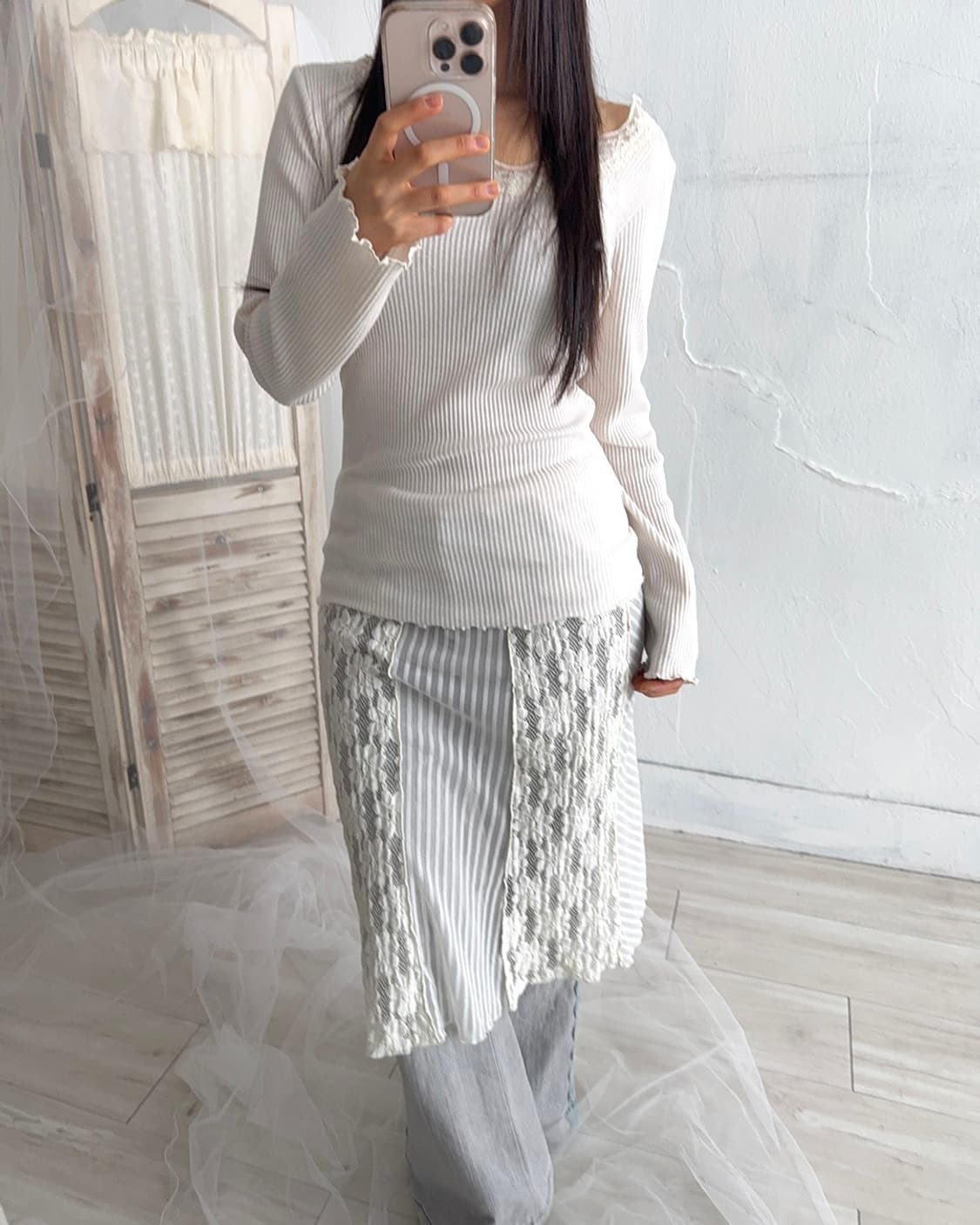 Ivory Lace Layering Midi Skirt 상품이미지5